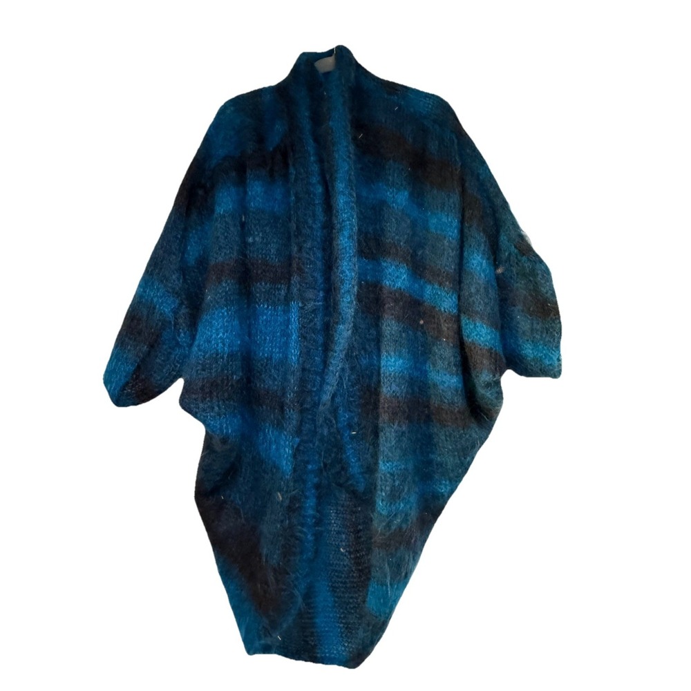 Oversized‎ Blue Black Stripe Fuzzy Mohair Knit Cocoon Cardigan Sweater 35